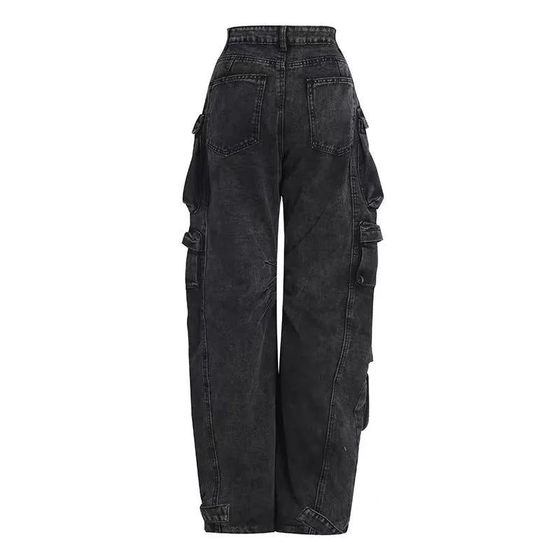 Women's high waist wide leg jeans in tie-dyed denim with multi-pocket street hipster styling