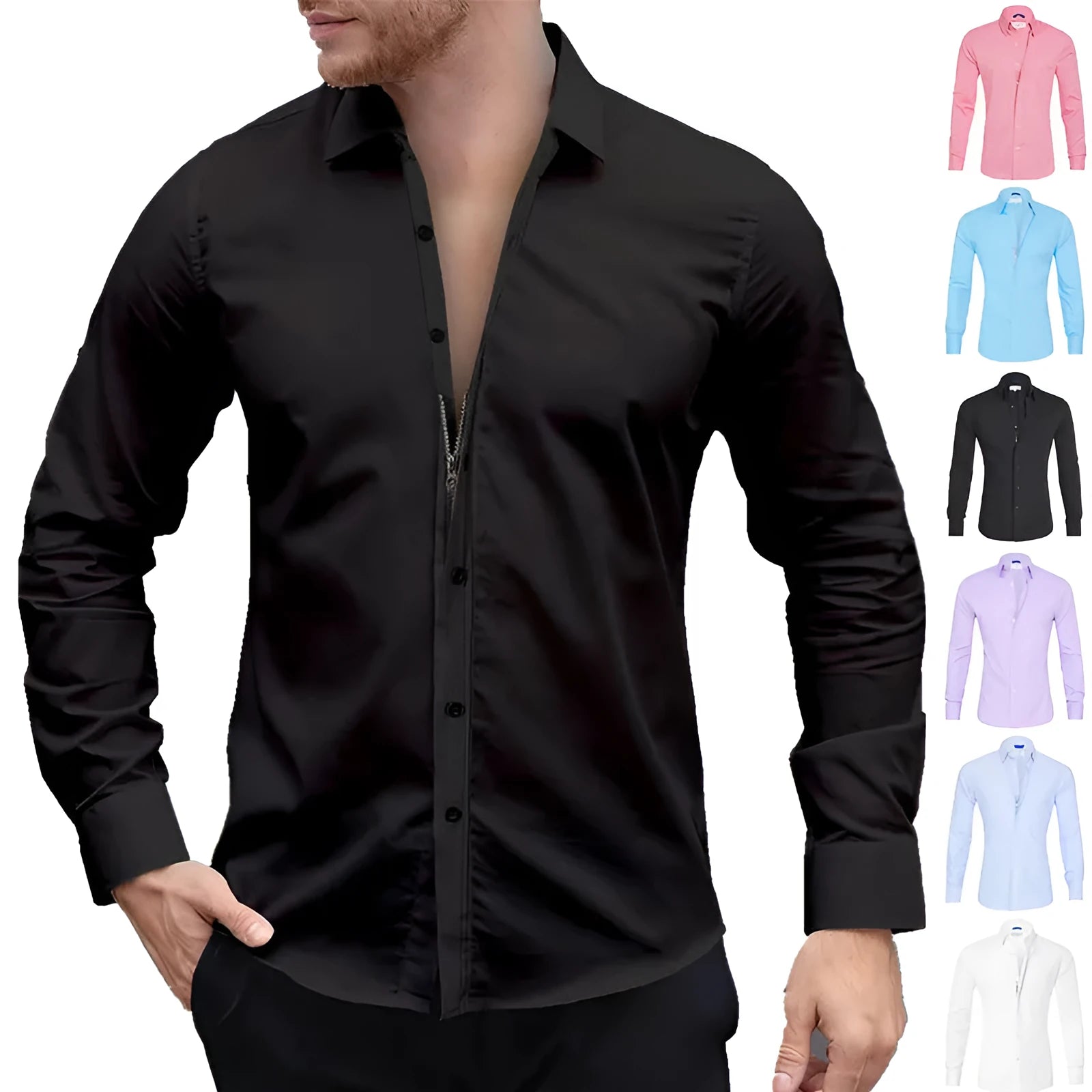 Men's long sleeve zipper shirt with button lapel, solid colour, slim fit cotton blend top