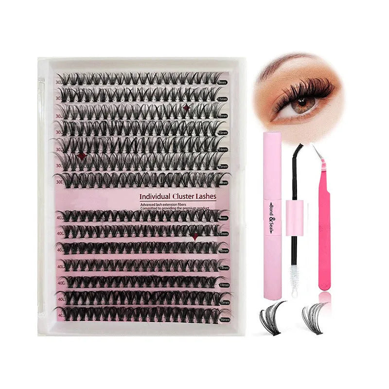 Mixed package of DIY 30D and 40D cluster false eyelashes ranging from 9mm to 16mm with tweezers