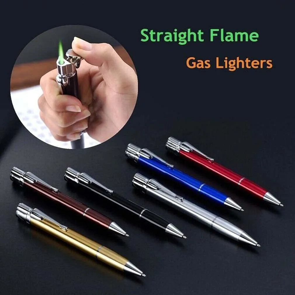Windproof metal jet pen lighter in assorted colours showing slim refillable design
