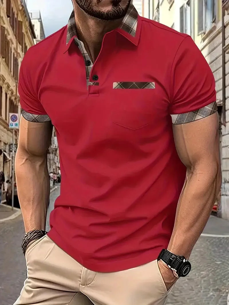 Men's loose fit plaid colourblock t-shirt with short sleeves and zipper decorations.
