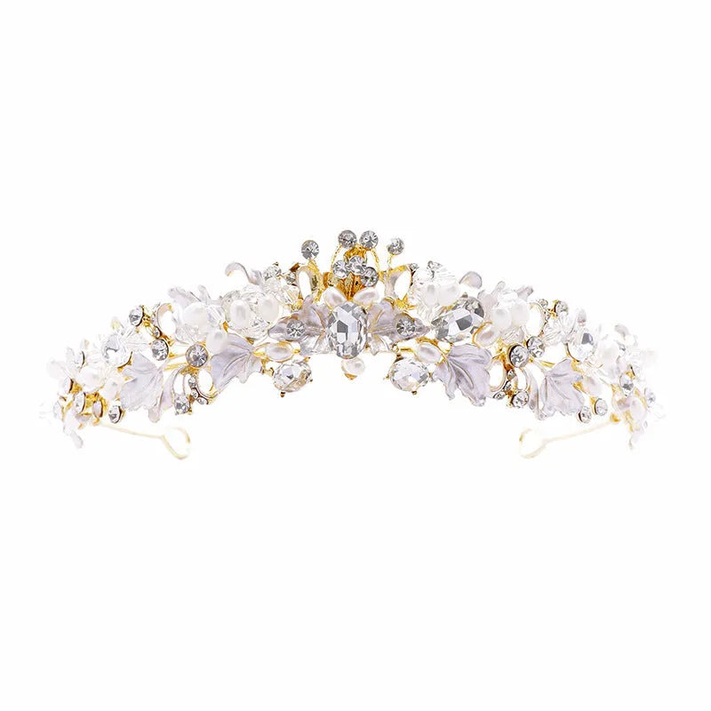 Gold and silver alloy crown headdress with pearls for weddings and birthdays
