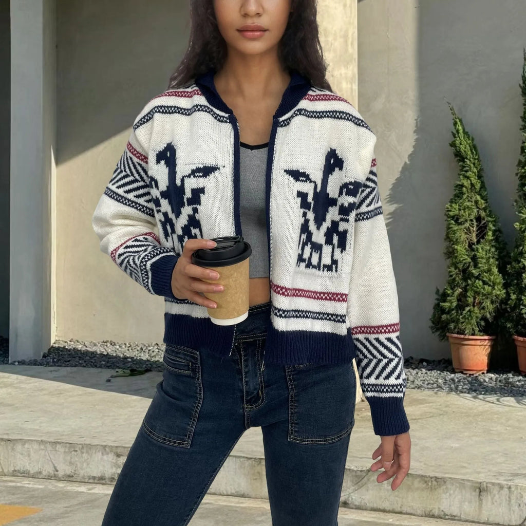White women's zip cardigan with black contrast stripe jacquard pattern and lapel collar