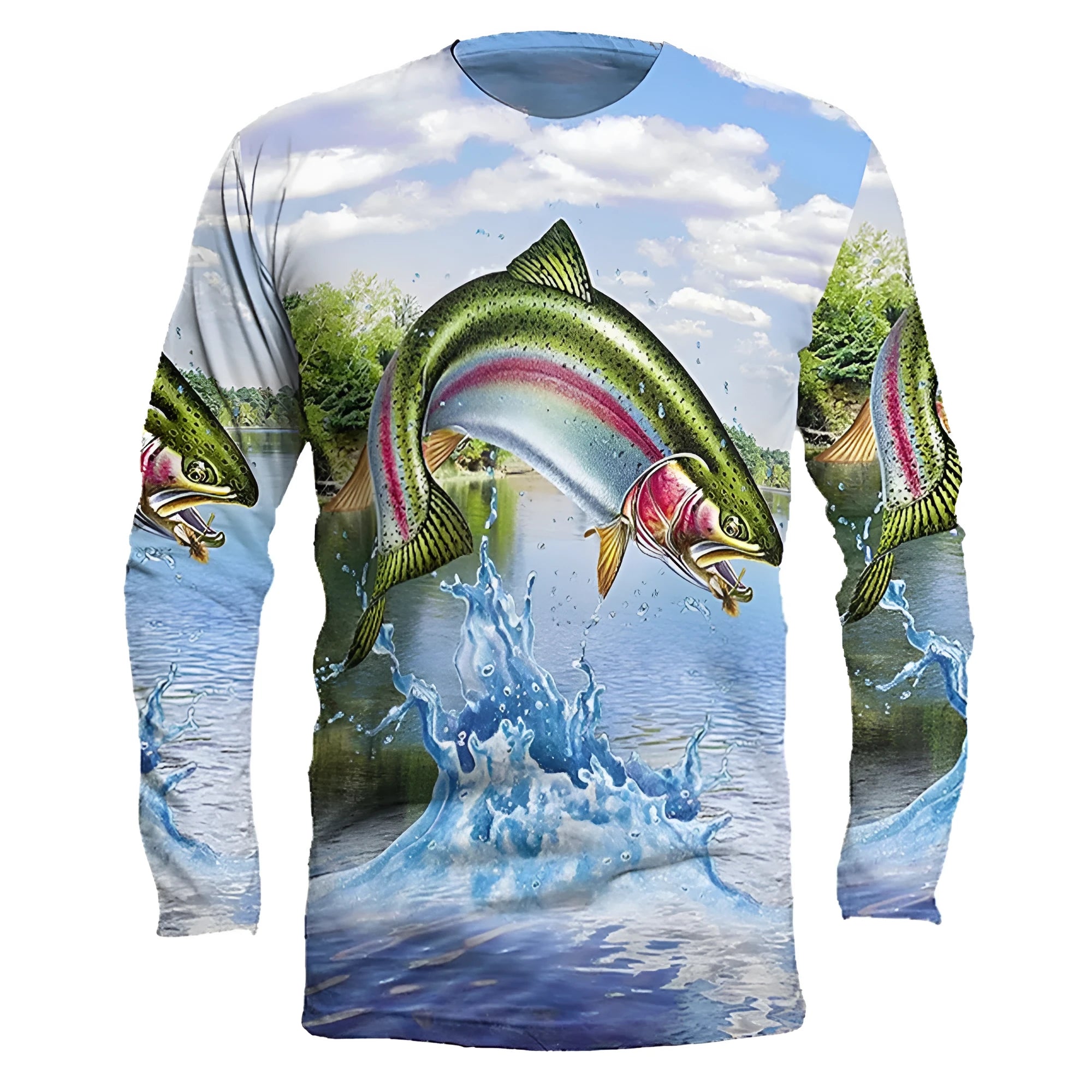 Men's fish printed long sleeve pullover top in milk silk fabric with round neck