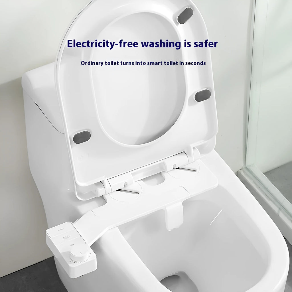 Pure white button-operated wash tool with detachable nozzle and multiple plumbing fittings