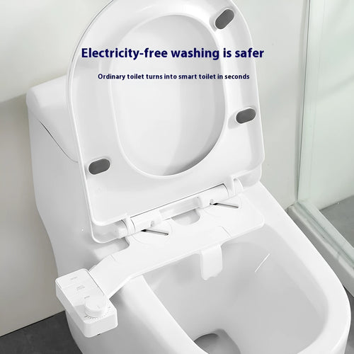 Pure white button-operated wash tool with detachable nozzle and multiple plumbing fittings
