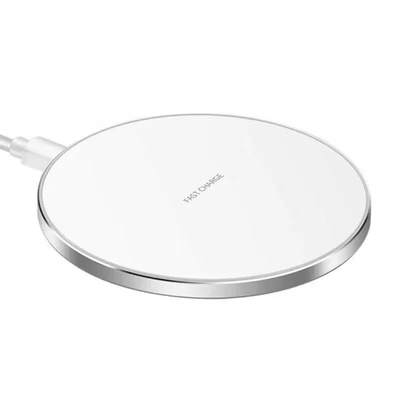 Black frosted 15W wireless charger on a desk with a Type-C cable connected