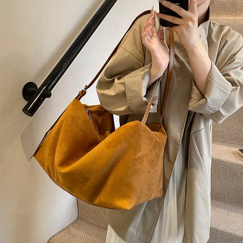 Women's large capacity suede pillow shoulder bag available in black, brown, coffee, khaki colours
