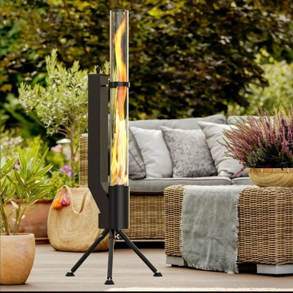 Vertical black cast iron wood burning rocket furnace for courtyard heating