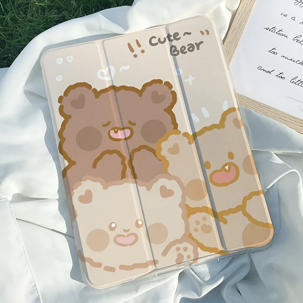 Silicone tri-fold iPad case with cartoon rabbit design shown protecting a tablet