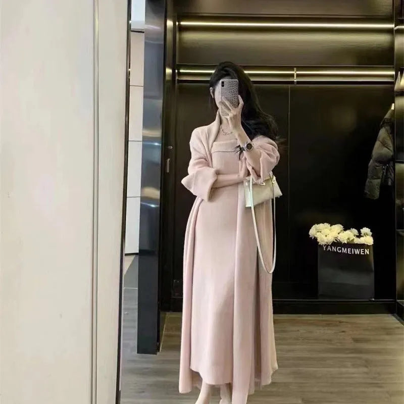 Women's grey knitted cardigan dress and coat two-piece suit set with flocking detail