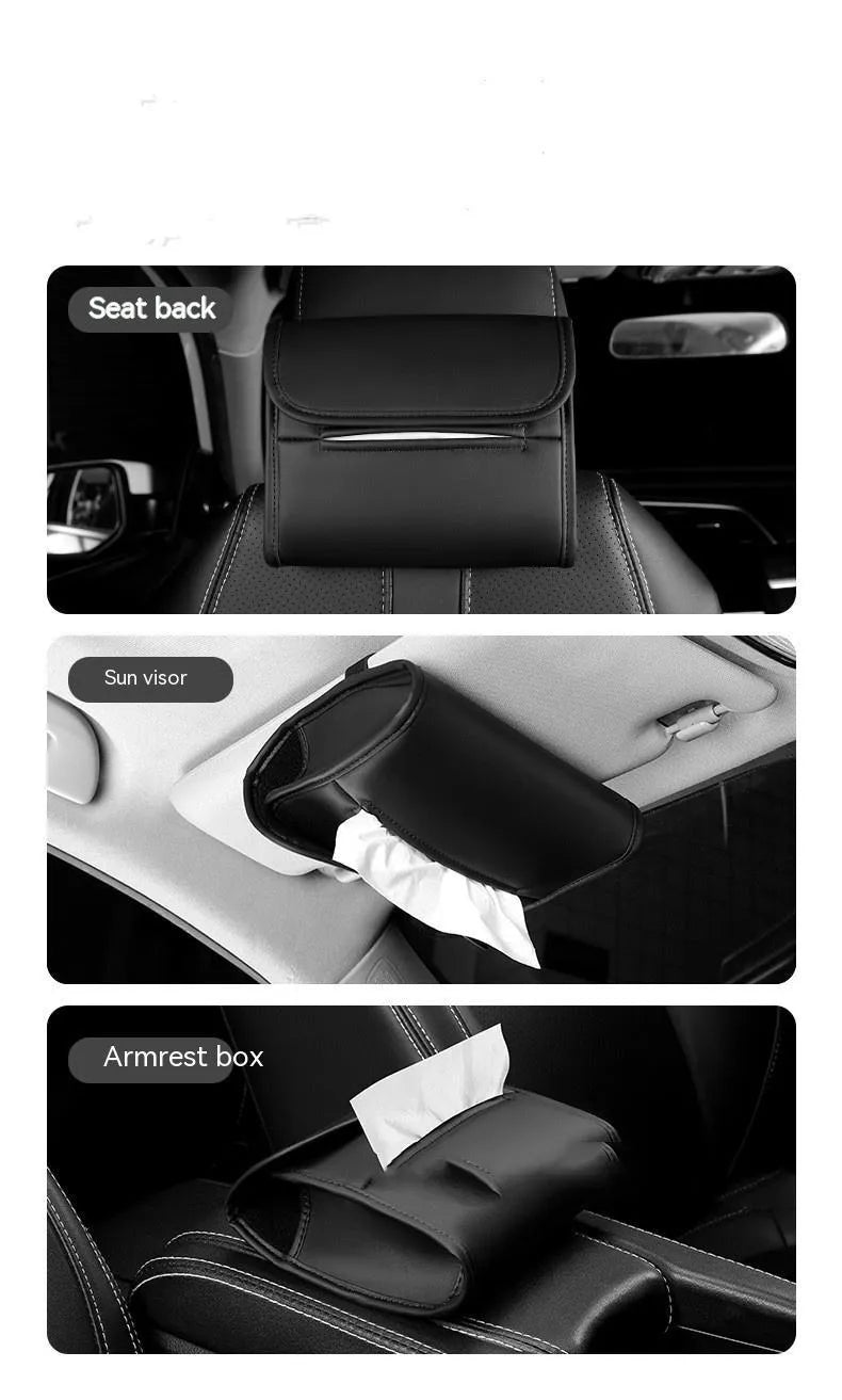 Leather car tissue box with elastic band mounting for vehicle installation