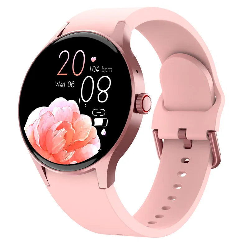 Smart Bluetooth sport watch with circular touchscreen display showing fitness metrics on wrist