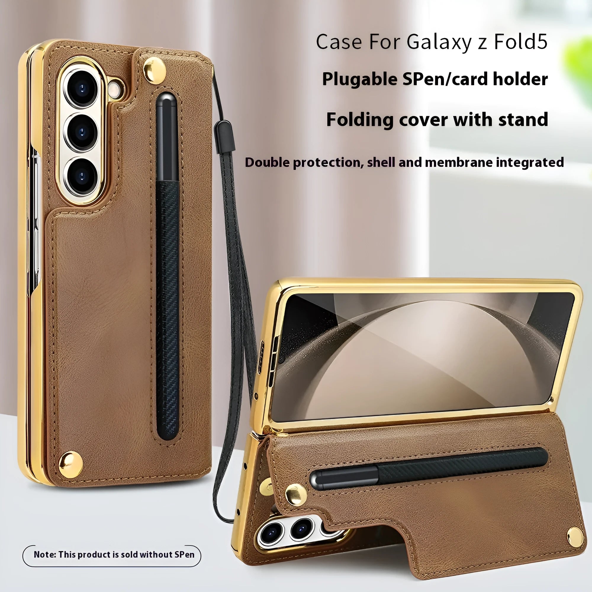 Samsung Z Fold 5 phone case with bracket pen slot card slots black PU electroplated finish