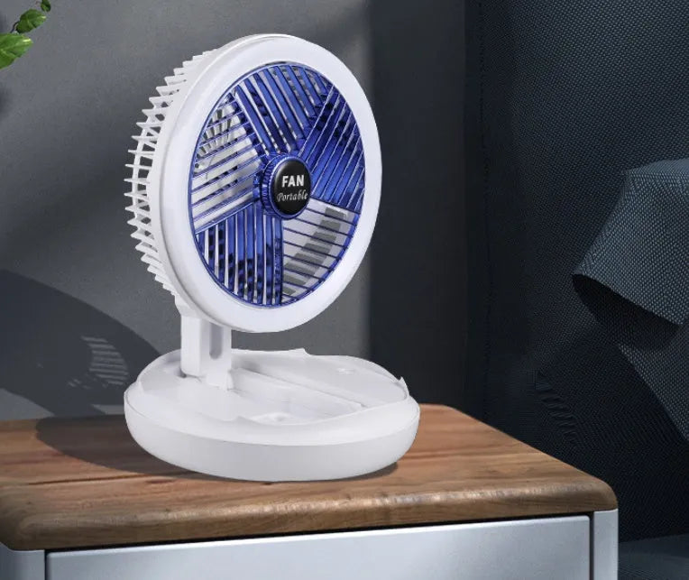 Blue foldable USB desk fan with LED light showing wall mount and ceiling hanging options
