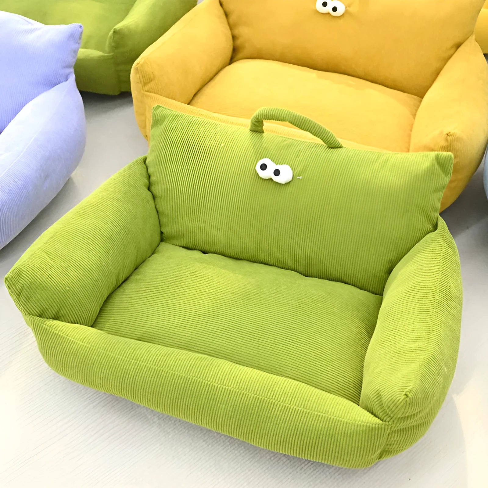 Warm puppy sofa kennel with cartoon eyes in blue colour, small size 55x45cm