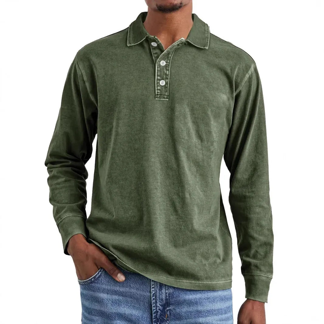Man's retro washed cotton long sleeve polo shirt with button-up front and lapel collar in various colours.