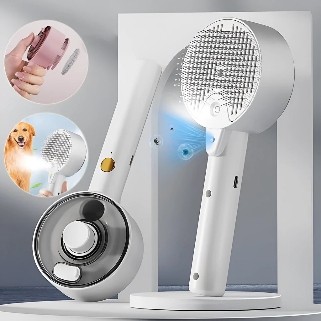 Ceramic white pet grooming brush with UVC light, mist sprayer, and fine needles for dog and cat hair removal
