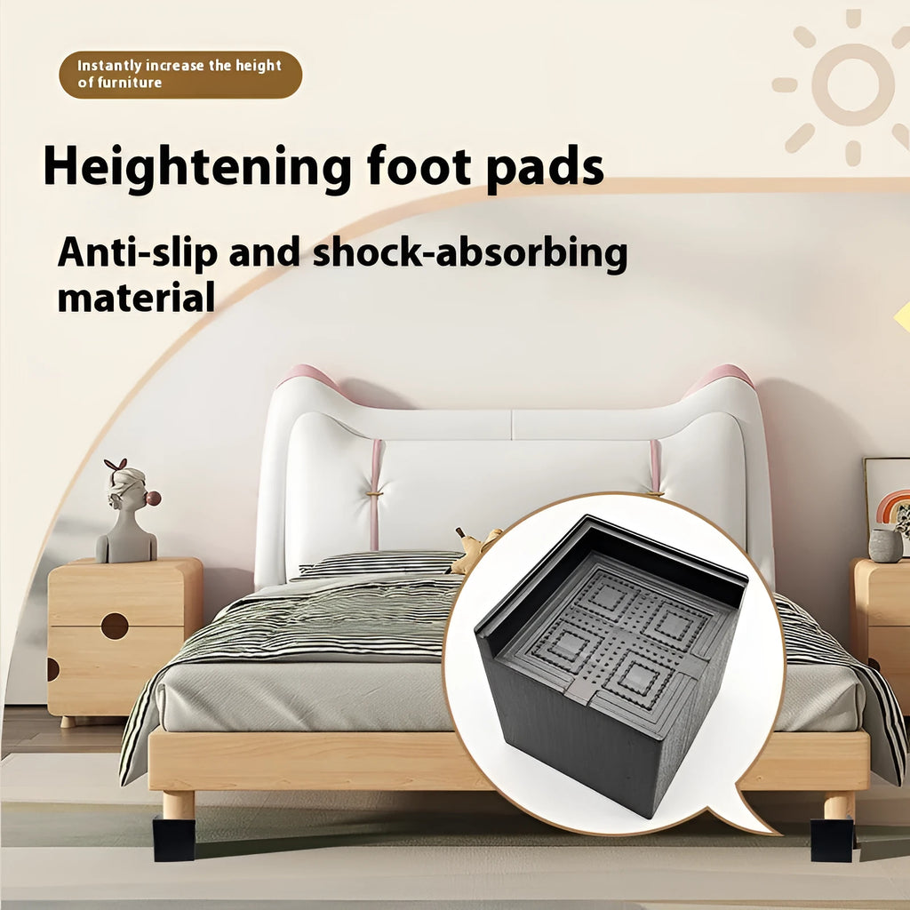 Four black plastic furniture foot mats for increasing bed and sofa height