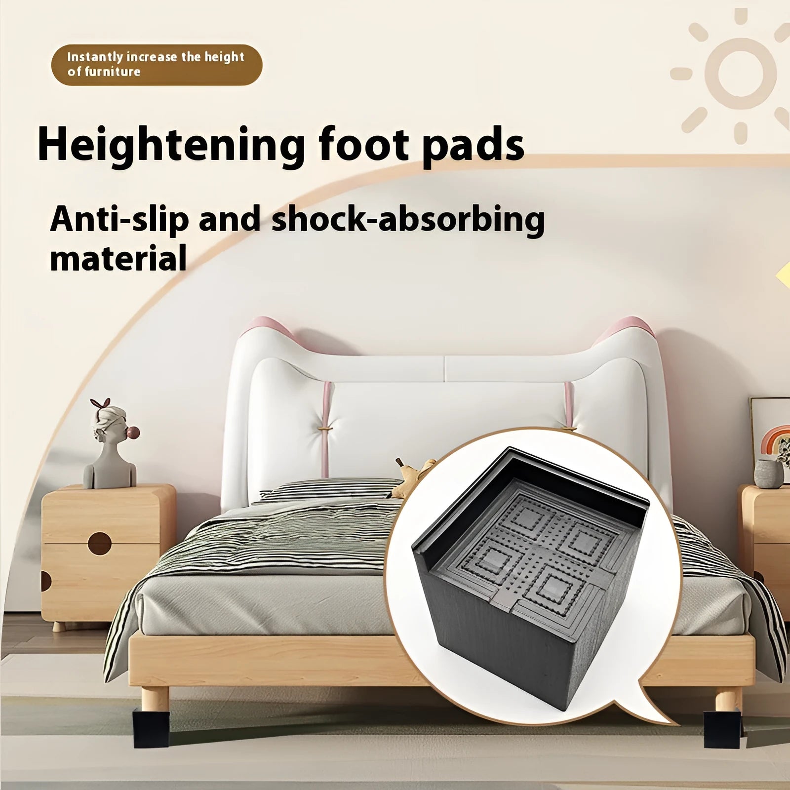 Four black plastic furniture foot mats for increasing bed and sofa height