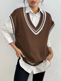 Women's loose-fit college-style pullover vest jumper in black, blue, or coffee colour.