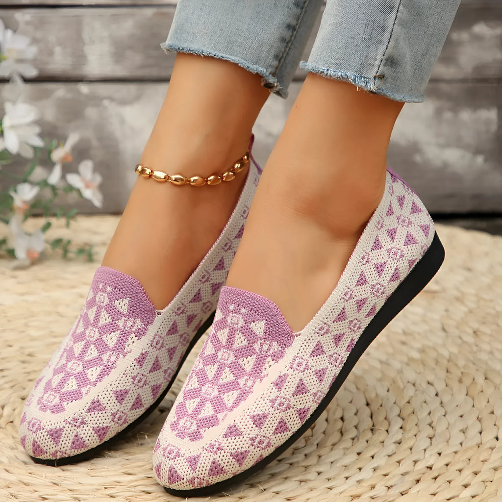 Women's casual flat shoes blue knitted loafers round toe slip-on rubber sole
