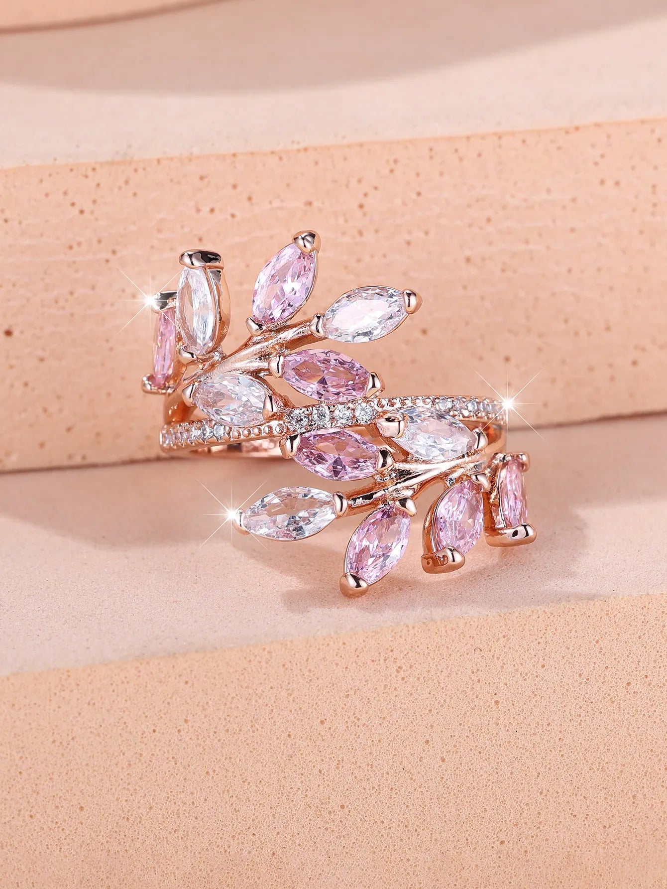 Adjustable copper leaf ring with horse eye design and zircon stones in multiple colour options
