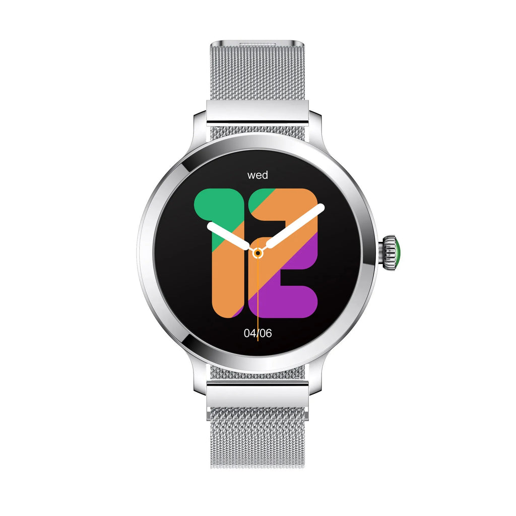Women's AMOLED smart watch with Bluetooth calling and blood pressure monitoring on a wrist, gold steel finish, 1.106 inch screen