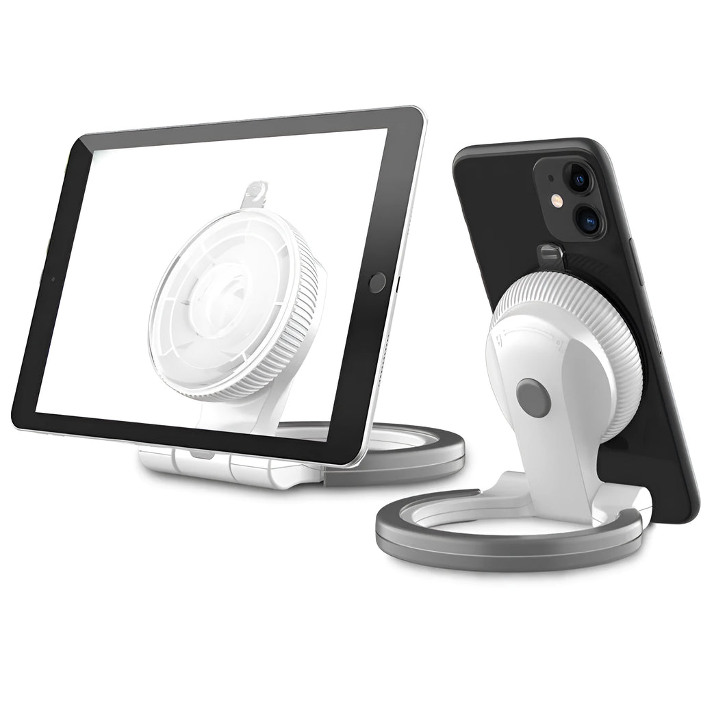 Black plastic lazy bracket phone and tablet holder on a desk with a mobile phone propped up