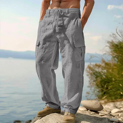 Men's cotton wide-leg casual trousers in light army green colour with mid-waist design