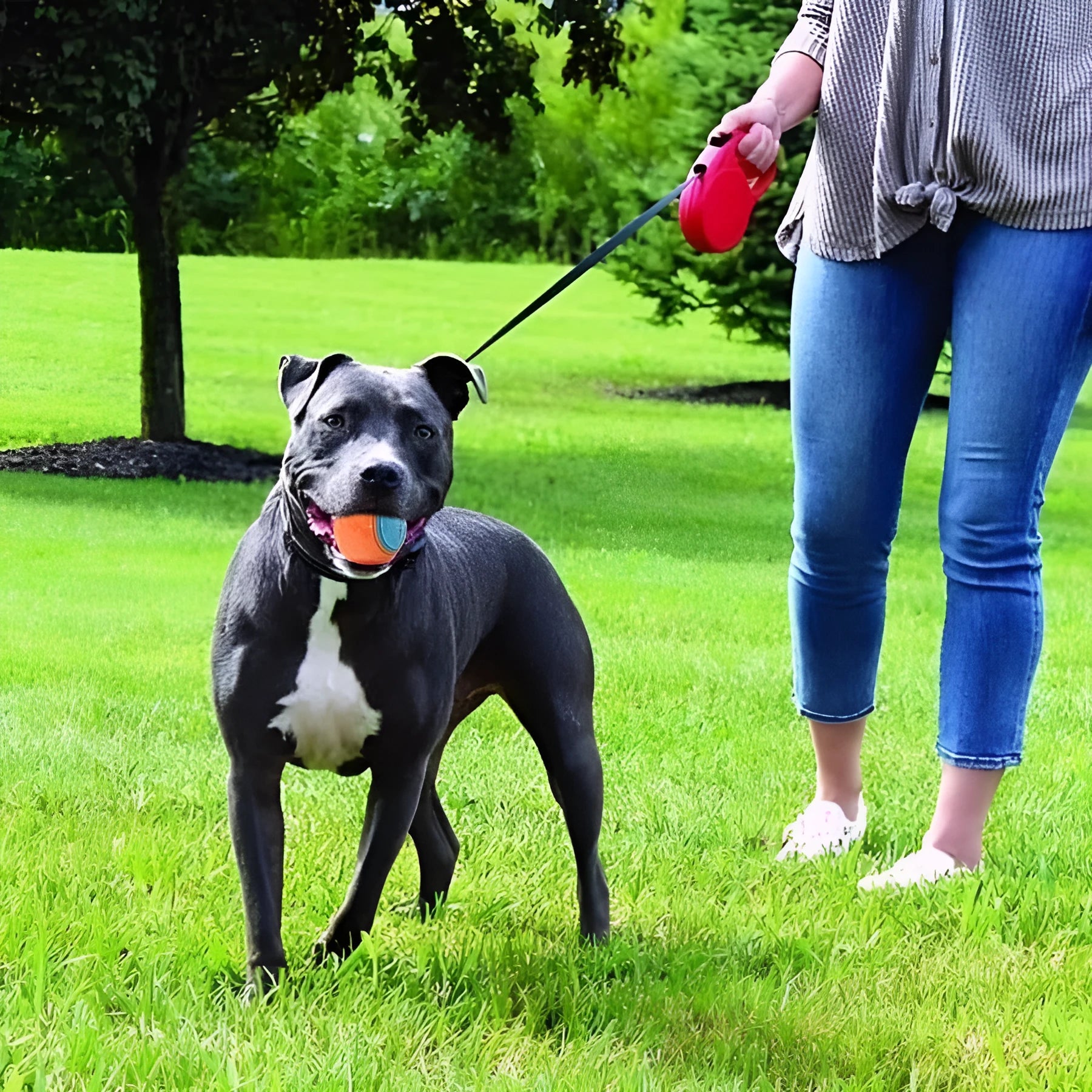 TPR dog training ball with sounding mechanism in red and blue colour combination