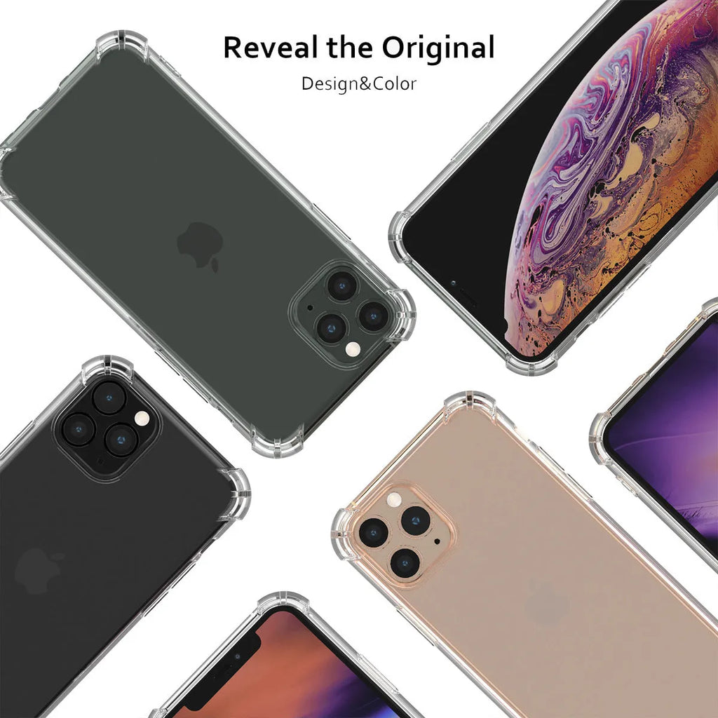 Clear TPU shockproof iPhone case showing transparent protection on multiple iPhone models