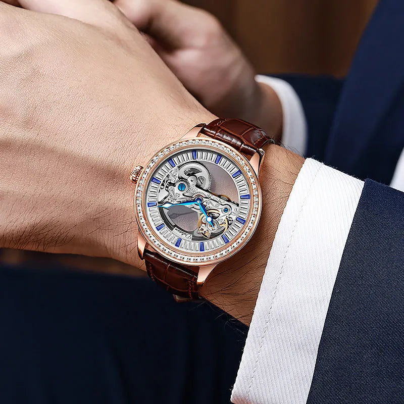 Luxury zircon mechanical men's watch with waterproof case and choice of straps