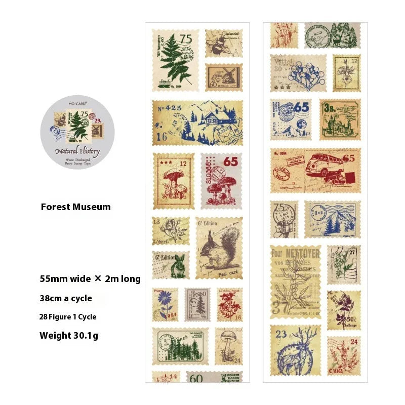 55mm wide retro journal decoration stamp roll with butterfly, forest, bird, or mushroom themed designs