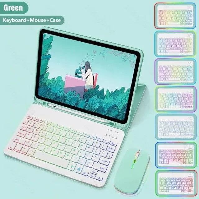 iPad in a colourful TPU leather case with a built-in luminous RGB backlit Bluetooth keyboard and stand open.