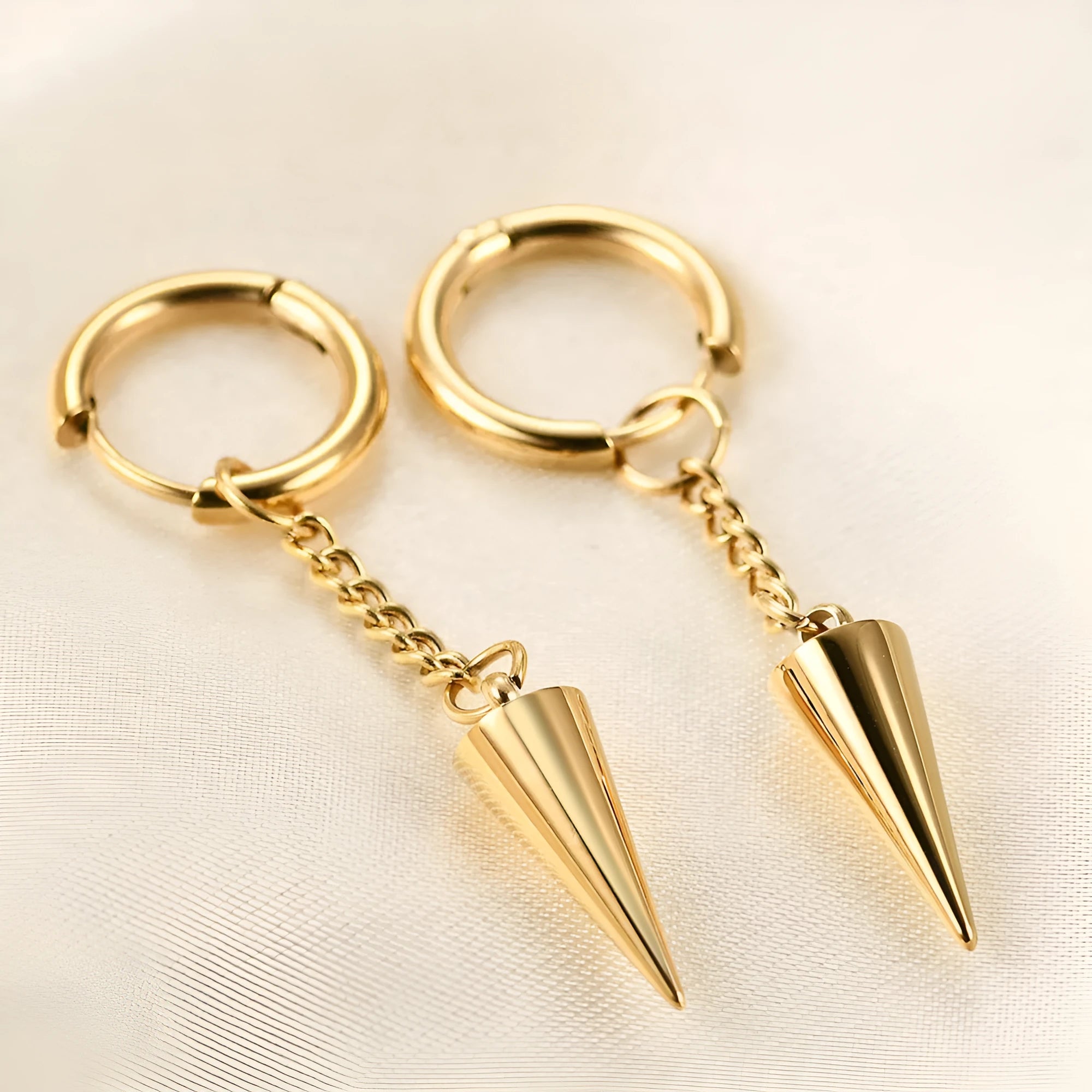 Fashion stainless steel quadrihedron pendant earrings, geometric cone shape, gold electroplated finish, for women