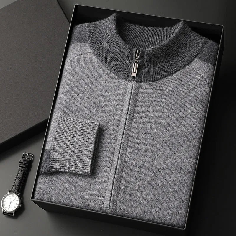 Men's cashmere wool blend cardigan suit with half turtleneck zipper top and matching trousers in winter sports style