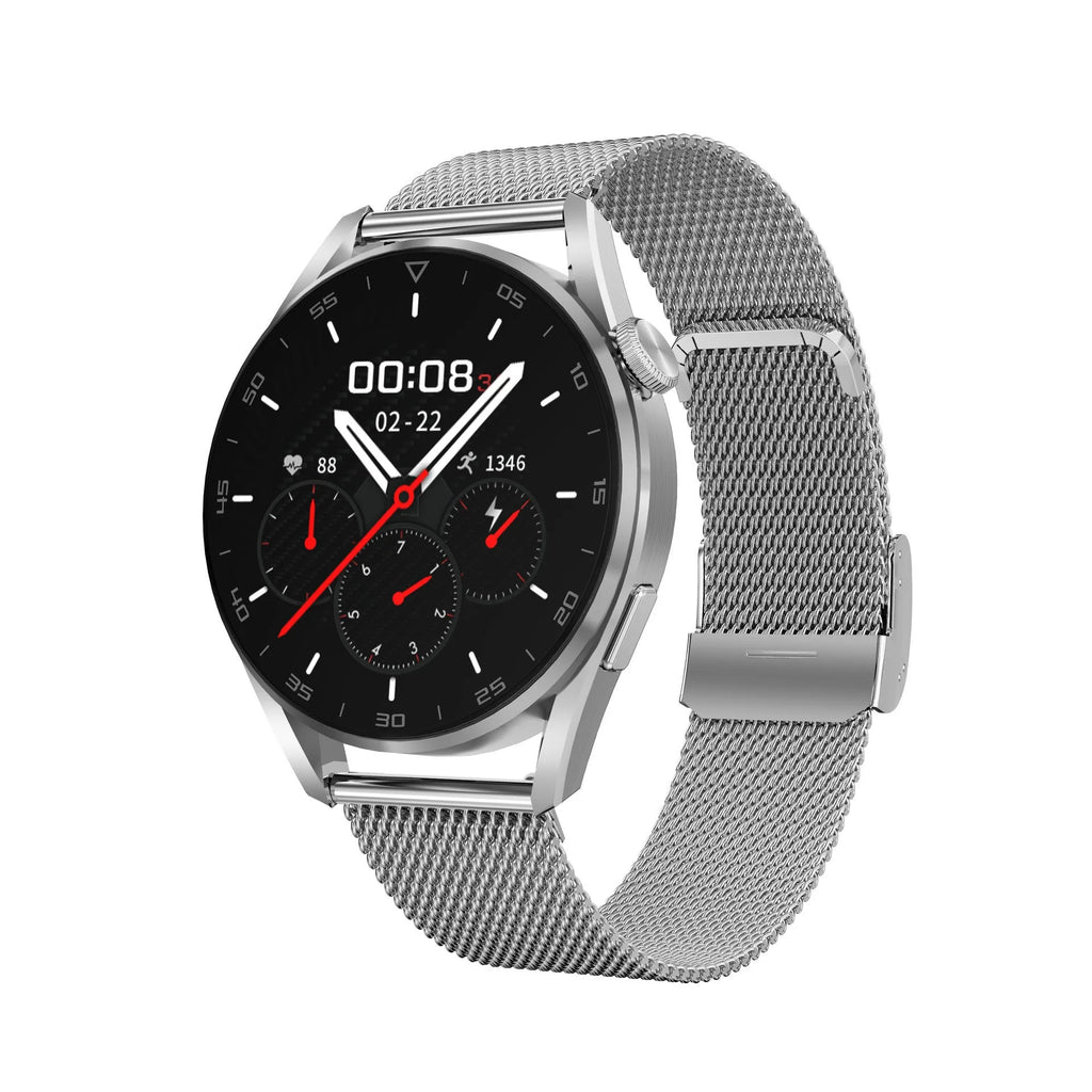 Bluetooth smart watch with 1.3 inch IPS touchscreen and metal wristband in black leather colour