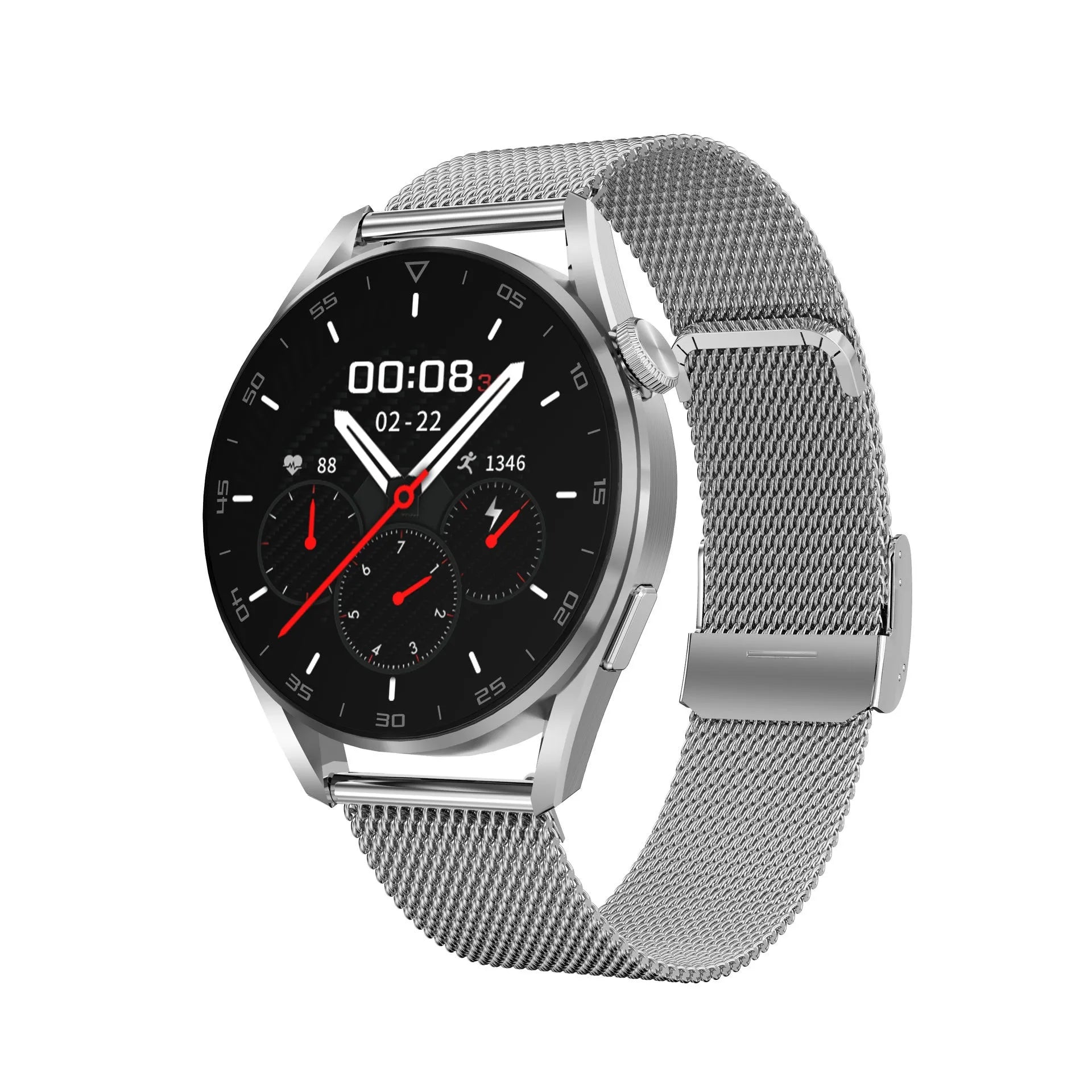 Bluetooth smart watch with 1.3 inch IPS touchscreen and metal wristband in black leather colour