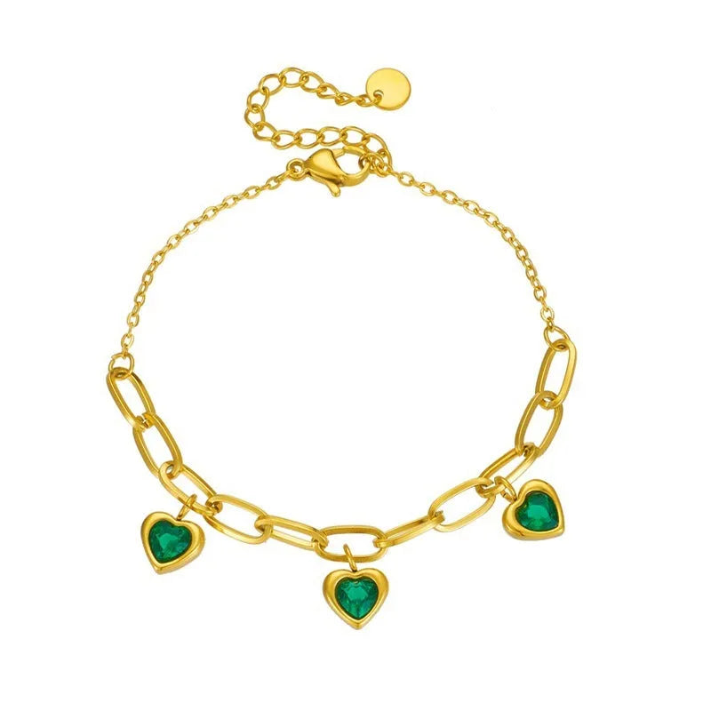Gold plated love pendant titanium steel chain bracelet for women - B1127 Green, B1128 Pink, B1129 White
