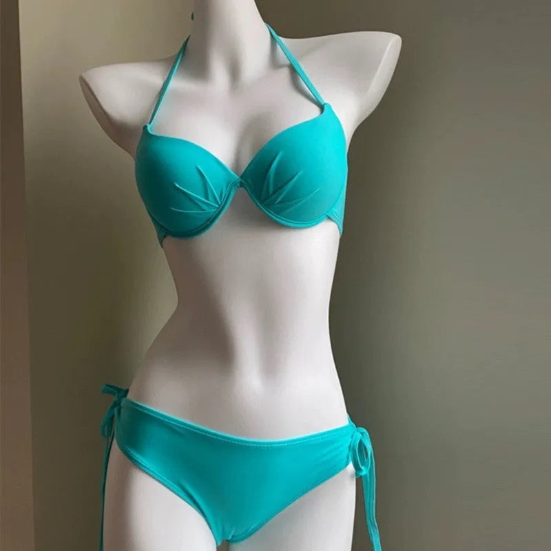 Women's bikini swimsuit set in lake green with polyester nylon briefs and sleeveless no-back top for beach or hot spring