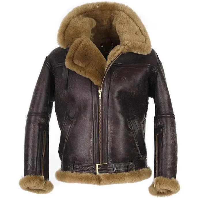 Brown retro-style men's synthetic leather fur coat with side pockets and a straight hem.