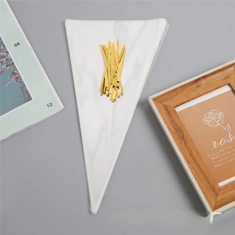 Transparent triangular OPP plastic packaging bags with tie wire closure in three size options