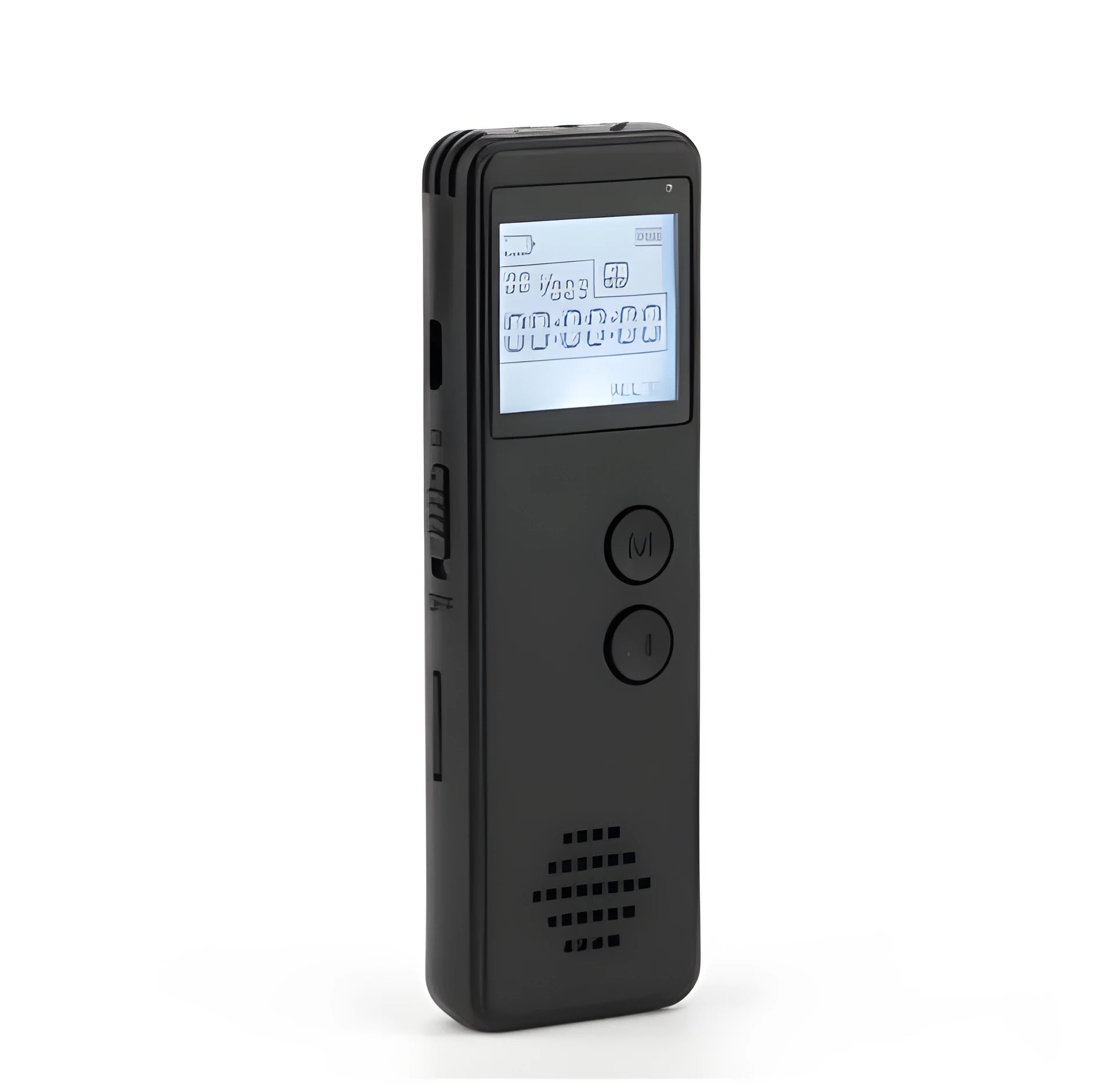 Black matte MP3 digital voice recorder showing screen and buttons, measuring 88mm long.