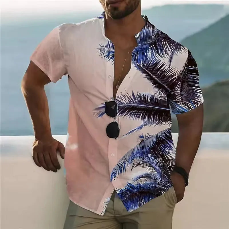 A man's loose-fitting short sleeve cardigan-style top with a colourful floral print.