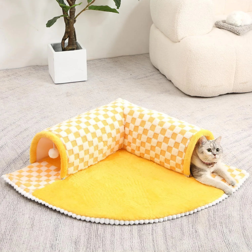 XL fan-shaped plush pet bed with tunnel design in coffee colour for dogs and cats