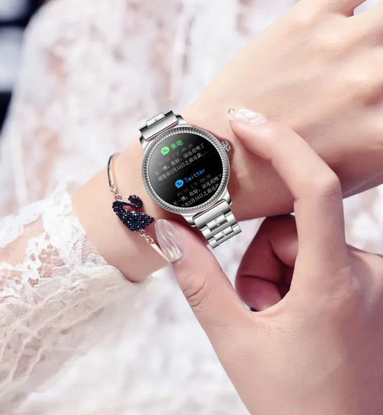 AK38 ladies smart watch with stainless steel wristband and 1.09-inch display