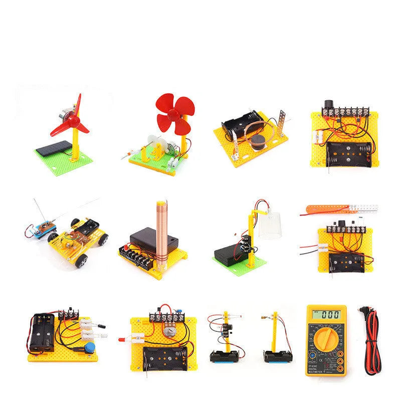Handmade DIY electronic science experiment set with plastic solar fan and motor parts for students aged 7-14