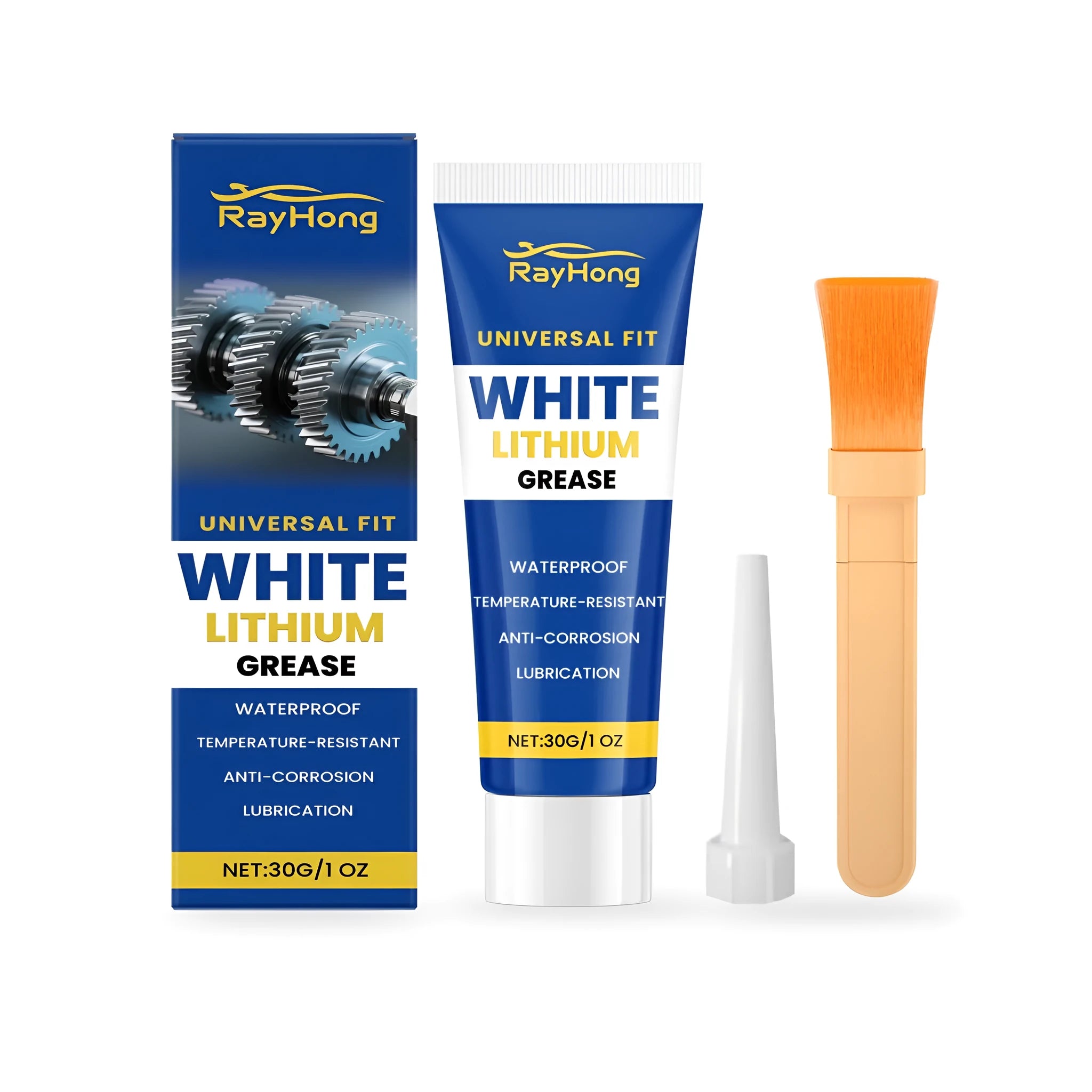 30g tube of white lithium grease with a dispensing tip and an applicator brush for automotive maintenance.