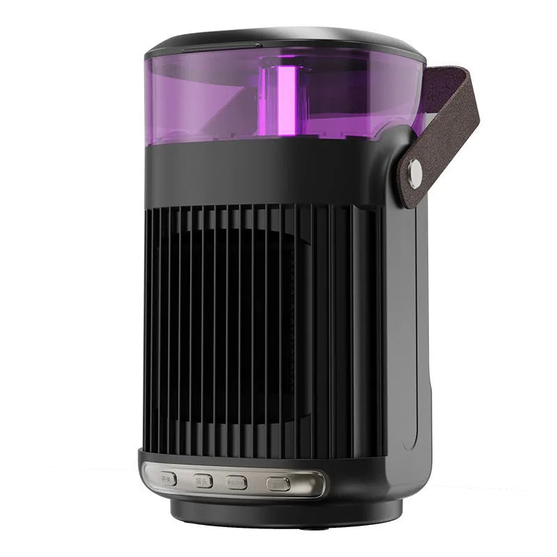 Black portable PTC heater with humidifier showing front control buttons and compact design